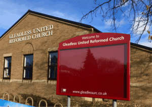 church noticeboard poster display case red aluminium complementary