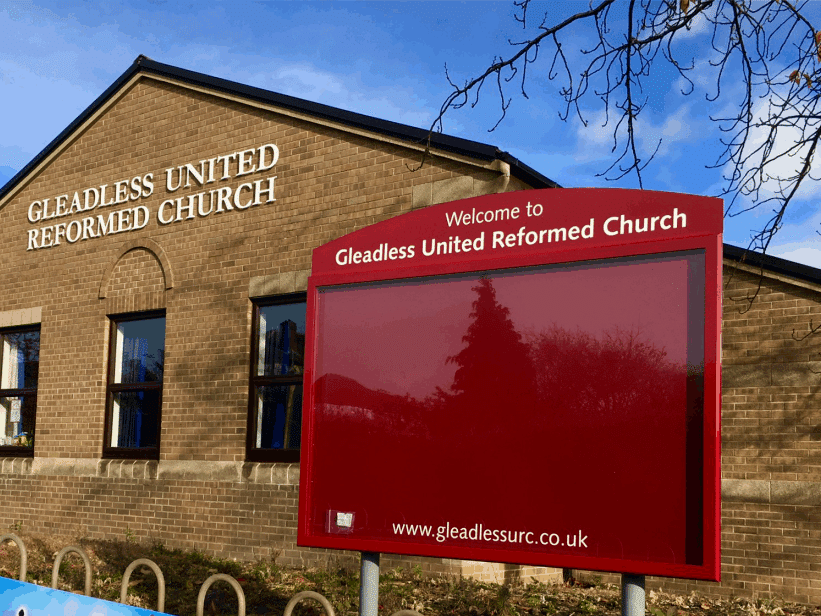 church notice board poster display case red aluminium complementary