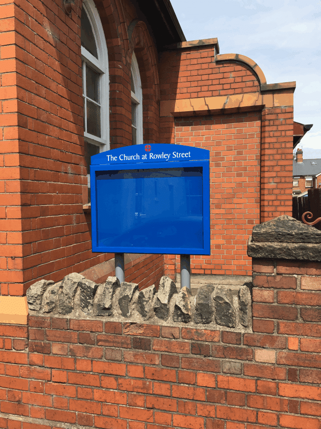 church notice board poster display case blue aluminium complementary