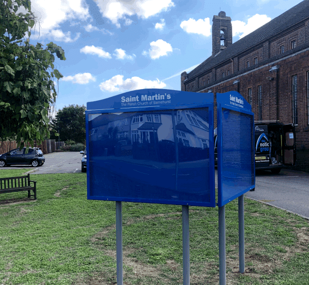 church notice board poster display case blue aluminium complementary