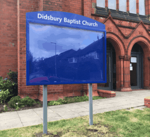 church noticeboard poster display case blue aluminium complementary