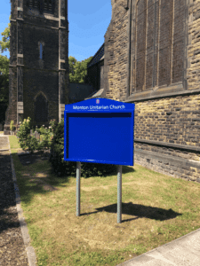 church notice board poster display case blue aluminium complementary