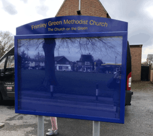 church noticeboard poster display case blue aluminium complementary